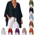 thumbnail image 1 of PEIBang Women's Solid Tie Front Poncho Blouse，Deep V Neck Batwing 3/4 Sleeve Loose Irregular Hem Top for Vacation Outfits, 1 of 8