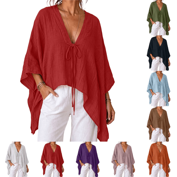 PEIBang Women's Solid Tie Front Poncho Blouse,Deep V Neck Batwing 3/4 Sleeve Loose Irregular Hem Top for Vacation Outfits