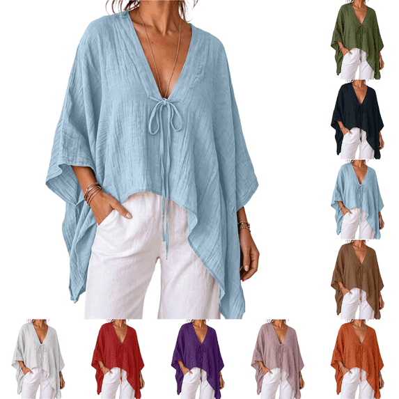 PEIBang Women's Solid Tie Front Poncho Blouse,Deep V Neck Batwing 3/4 Sleeve Loose Irregular Hem Top for Vacation Outfits