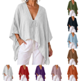 thumbnail image 1 of PEIBang Women's Solid Tie Front Poncho Blouse，Deep V Neck Batwing 3/4 Sleeve Loose Irregular Hem Top for Vacation Outfits, 1 of 9