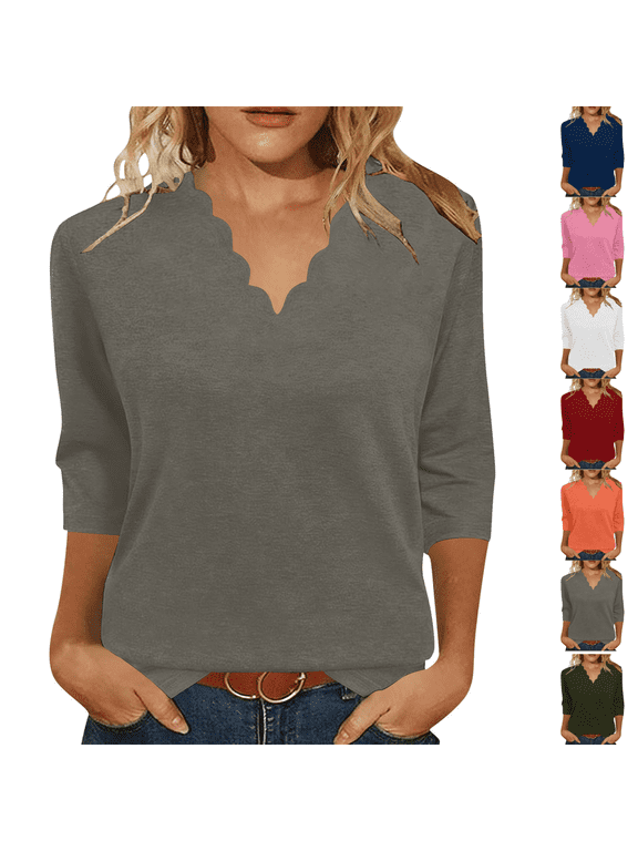 Women's Solid V Neck Blouse, Scallop Edge Collar 3/4 Sleeve Relaxed Fit Casual Knit Top for Daily Wear