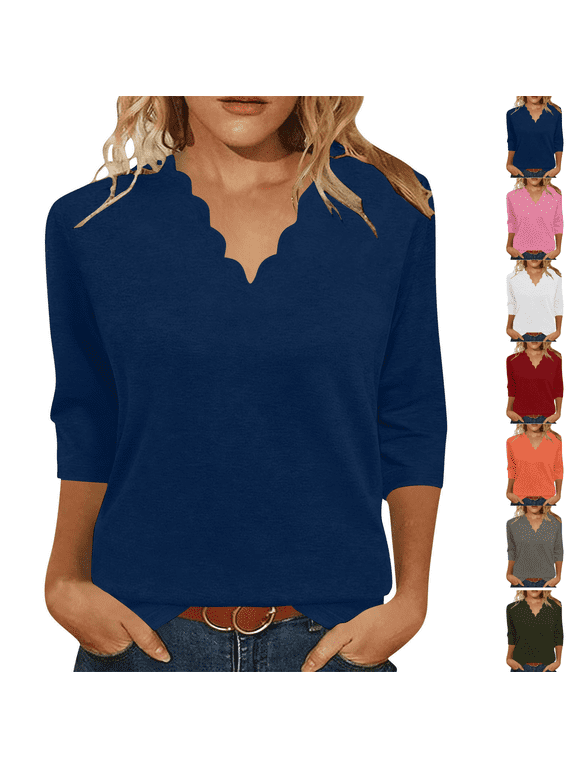 Women's Solid V Neck Blouse, Scallop Edge Collar 3/4 Sleeve Relaxed Fit Casual Knit Top for Daily Wear