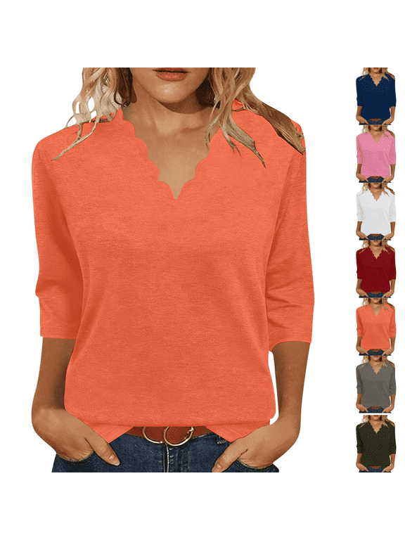 Women's Solid V Neck Blouse, Scallop Edge Collar 3/4 Sleeve Relaxed Fit Casual Knit Top for Daily Wear