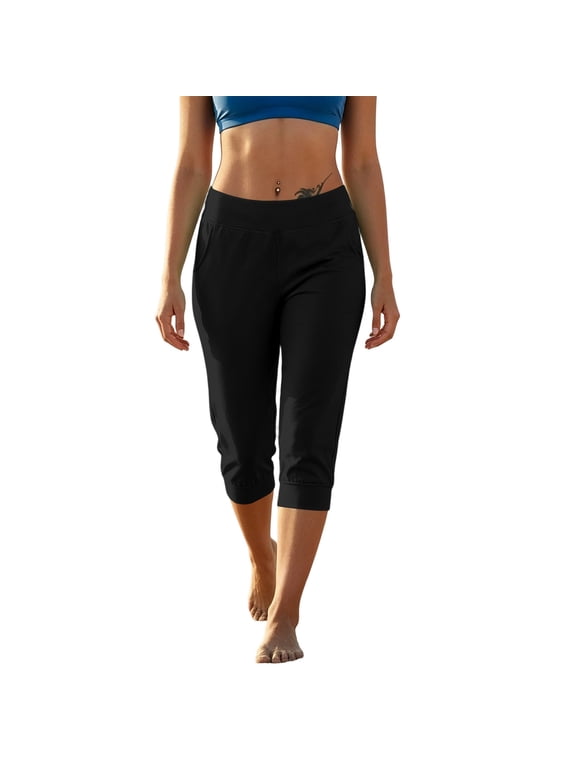 Women's Solid Wide Waistband Capri Jogger Pants, Cuffed Hem Mid Calf Casual Sweatpants With Side Pockets for Yoga Daily Wear