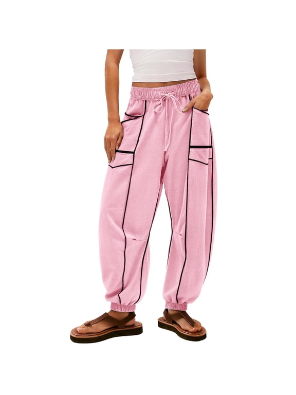 Women's Stitch Drawstring Elastic High Waist Cargo Jogger Denim Pants,Full Length Tapered Cuff Jeans with Multi Patch Pockets