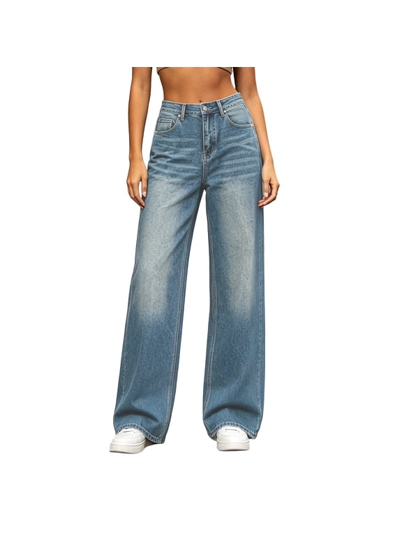 Women's Streetwear Baggy Denim Trousers,Washed Texture High Rise Loose Fit Full Length Straight Leg Button Fly Jeans