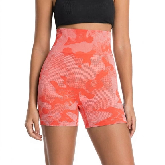 PEIBang Women's Stretchy Seamless Camo Print Bike Shorts,Wide Compression Waistband Ribbed Texture Sport Short Pants Orange L