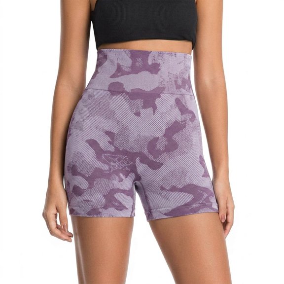 PEIBang Women's Stretchy Seamless Camo Print Bike Shorts,Wide Compression Waistband Ribbed Texture Sport Short Pants Purple L
