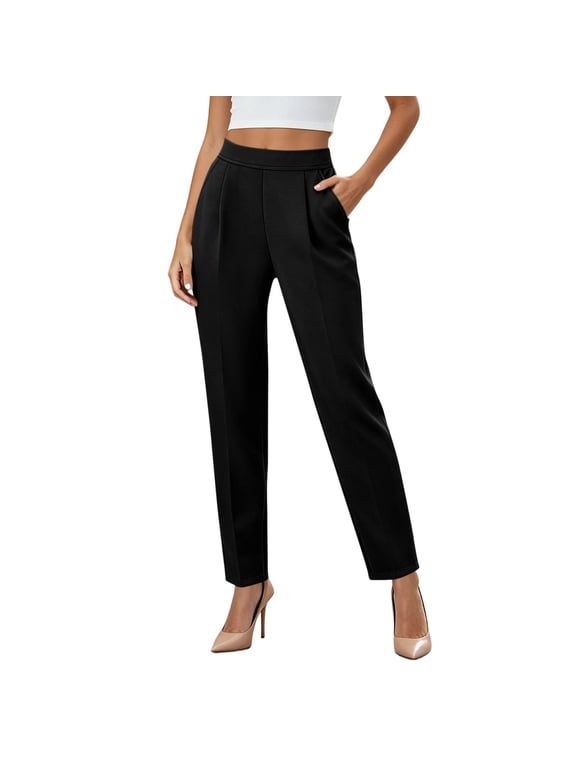 Women's Tailored Formal Ankle Pants,High Rise Dual Front Gathered Pleat Smooth Fabric Slim Fit Nine Length Casual Trousers