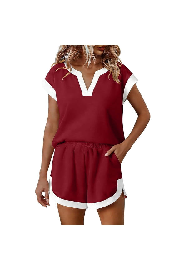 Women's V Neck Short Sleeve 2 Piece Contrasting Color Outfit,Loose Tunic Top with Elastic Waist Side Split Shorts