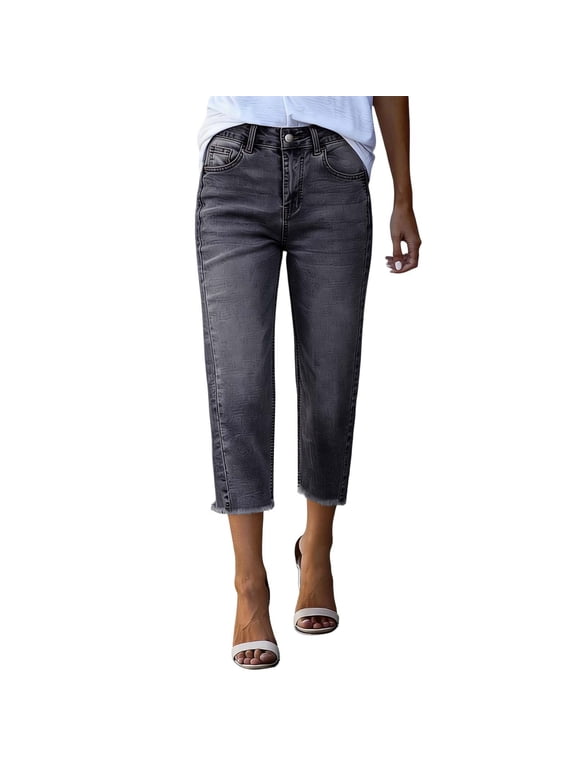 Women's Vintage Washed Cropped Straight Jeans, Mid Rise Raw Edge Frayed Hem Capri Denim Trousers For Daily Casual Wear