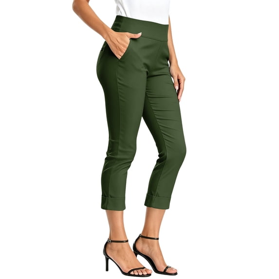 PEIBang Women's Wide Elastic High Waist Capri Dress Pants,Cuffed Hem Slim Fit Pocket Office Casual Trousers Green S