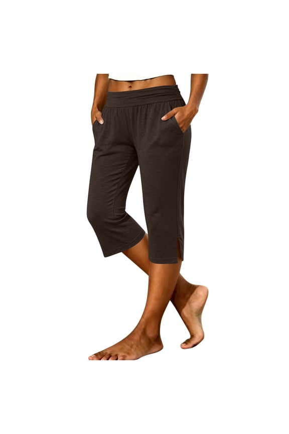 Women's Wide Fold Waist Capri Jogger Pants,Split Hem Soft Heather Knit Cropped Trousers with Side Pockets for Loungewear Brown XXL