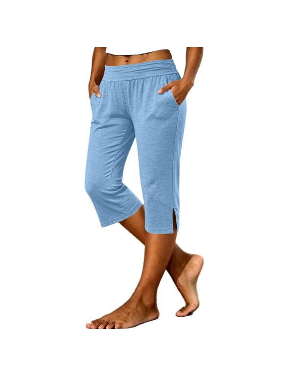 Women's Wide Fold Waist Capri Jogger Pants,Split Hem Soft Heather Knit Cropped Trousers with Side Pockets for Loungewear Light Blue XL