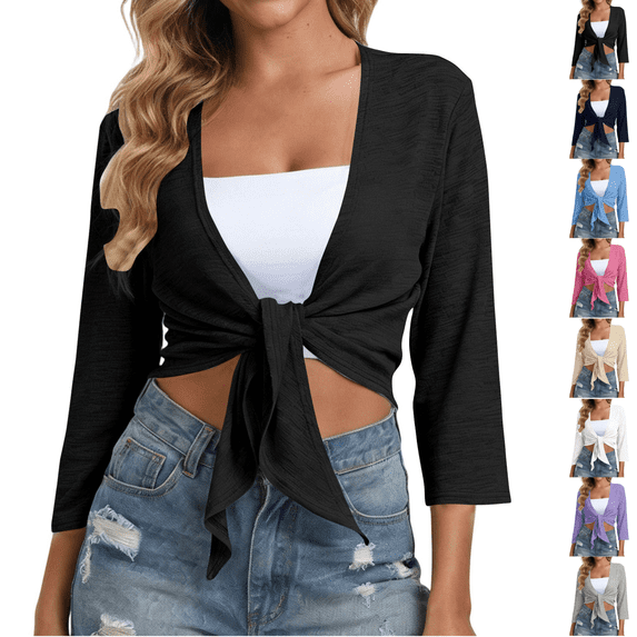 PEIBang Women's Wrap Tie Front Cropped Shrug, Textured Solid 3/4 Sleeve Cardigan, Short Cover Up for Camisole Matching