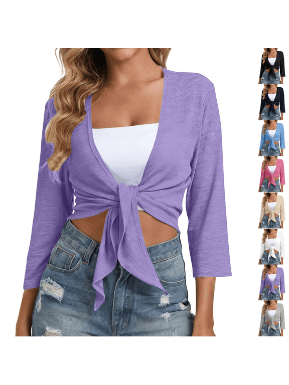 Women's Wrap Tie Front Cropped Shrug, Textured Solid 3/4 Sleeve Cardigan, Short Cover Up for Camisole Matching