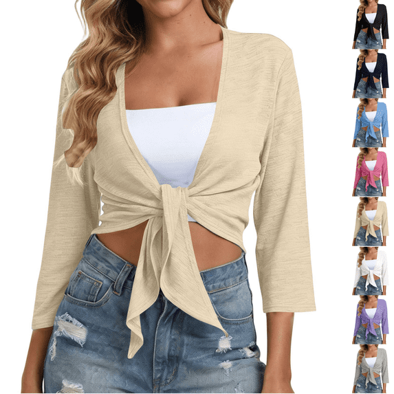 PEIBang Women's Wrap Tie Front Cropped Shrug, Textured Solid 3/4 Sleeve Cardigan, Short Cover Up for Camisole Matching