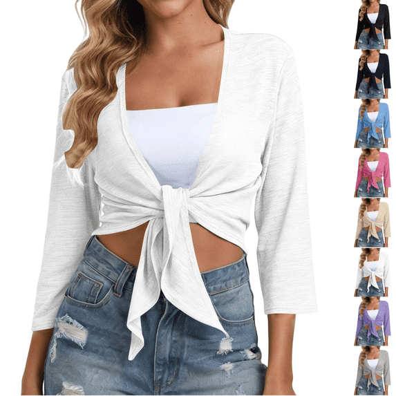 PEIBang Women's Wrap Tie Front Cropped Shrug, Textured Solid 3/4 Sleeve Cardigan, Short Cover Up for Camisole Matching
