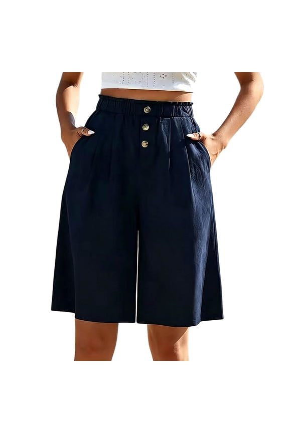 Women's Wrinkle Resistant Button Front Bermuda Shorts,Solid Color Elastic Waist Side Pocket Knee Length Slacks