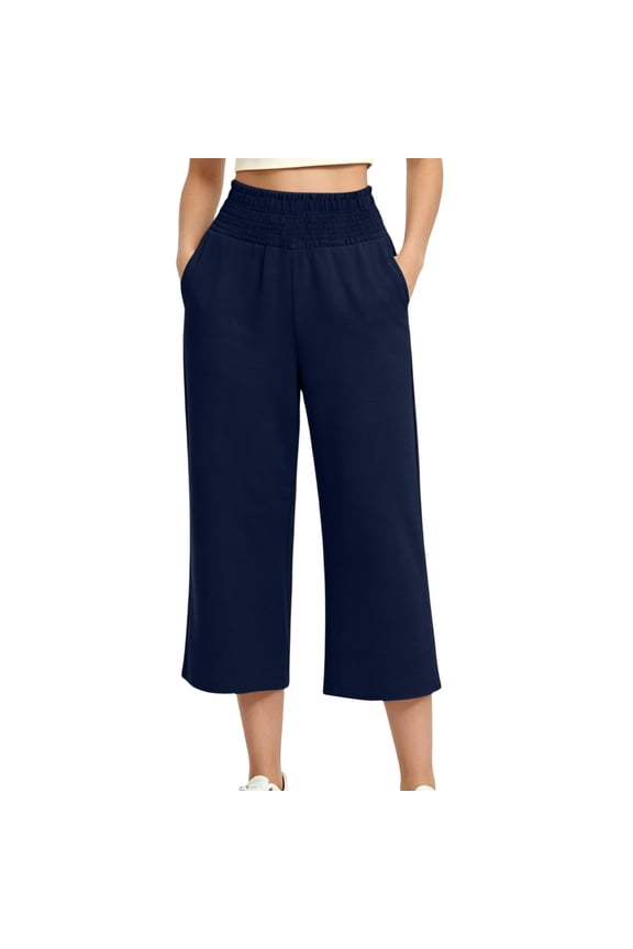 Women's Wrinkle Resistant Light Knit Capri Palazzo Trousers,High Smocked Waistband Side Pocket Walking Capri Pants Navy S