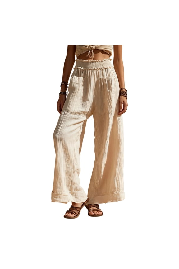 Women's Wrinkle Resistant Paperbag Waist Wide Leg Trousers,Ruffle Elastic High Rise Relax Cuffed Slacks for Outdoor Leisure Activities