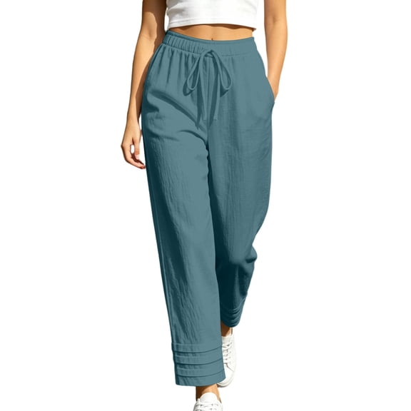 PEIBang Women's Wrinkle Resistant Textured Ankle Trousers，Full Elastic Drawstring Waist Deep Side Pockets Casual Straight Slacks