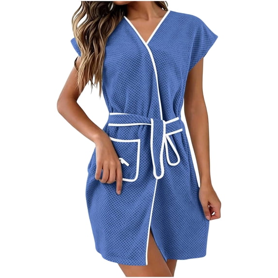 PEIBang Womens Cotton Waffle Robe Short Sleeve Contrast Trim Tie Waist Midi Bathrobe Absorbent Sleepwear