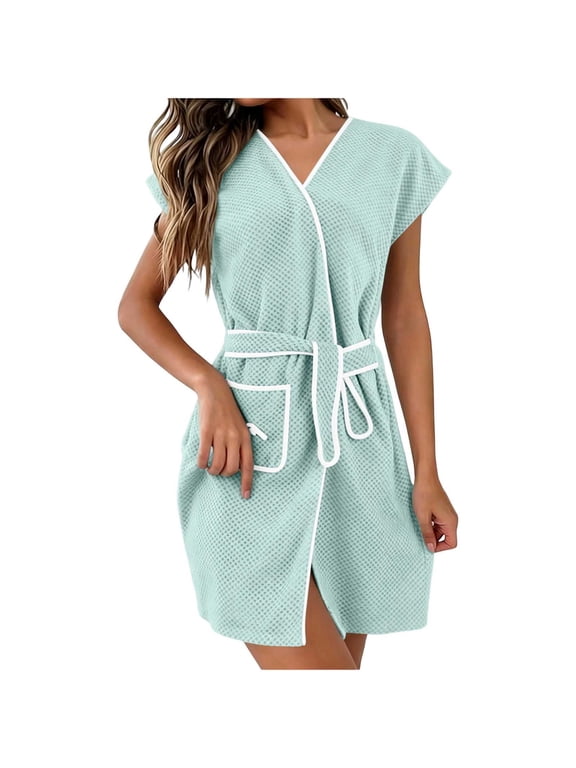 Womens Cotton Waffle Robe Short Sleeve Contrast Trim Tie Waist Midi Bathrobe Absorbent Sleepwear