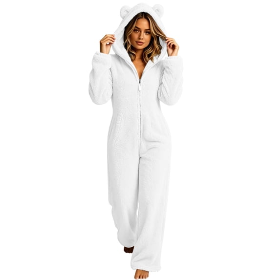 PEIBang Womens Plush Fleece Onesie Hooded Animal Ear Zip Front Jumpsuit Pajamas with Pockets Sleepwear