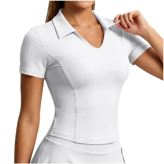 PEIBang Womens V Neck Collared Short Sleeve Polo Shirt Slim Fit Yoga Sport Top