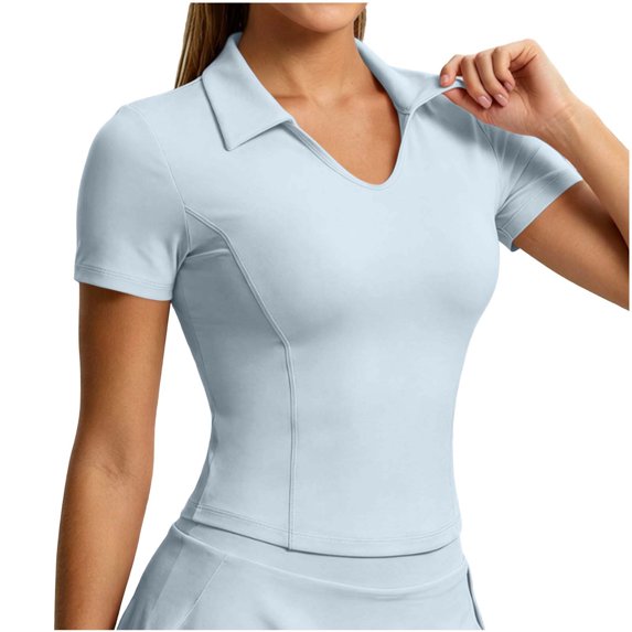 PEIBang Womens V Neck Collared Short Sleeve Polo Shirt Slim Fit Yoga Sport Top