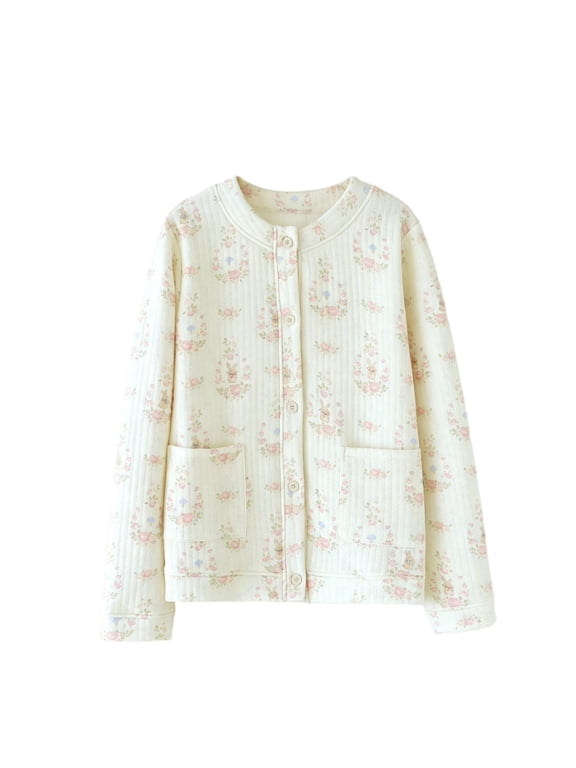 Womens Winter Quilted Lounge Robe Button Down Open Front Long Sleeve Pockets Warm Sleepwear