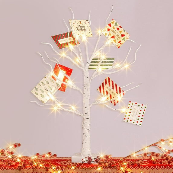 PEIDUO Money Tree, 22 Inch Gift Card Tree Holder with 6 Clips and 6 Greeting Cards, 24 Warm White Birch Tree with Lights, Christmas Tree Card Holder for Birthday Wedding Indoor Xmas Decorations