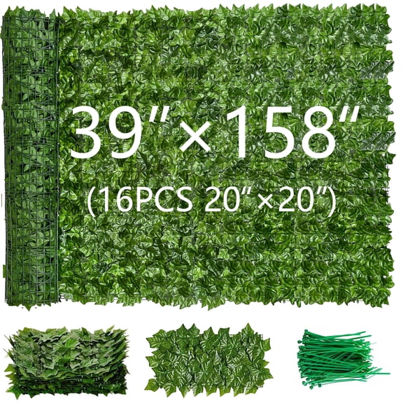 PEISAINOX Artificial Ivy Privacy Fence Screen, with Mesh Backing, 39" × 158" (16PCS 20" × 20")