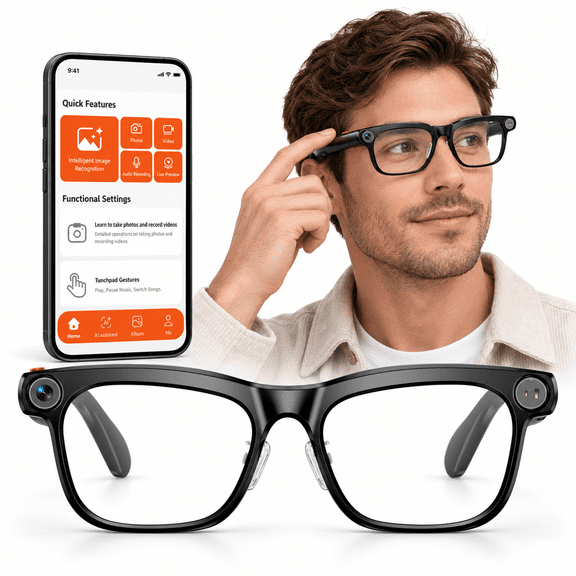 PEJE PJ AI Smart Glasses, 8MP Camera, 1080P Video, AI Translation, Bluetooth Audio, Clear Lenses