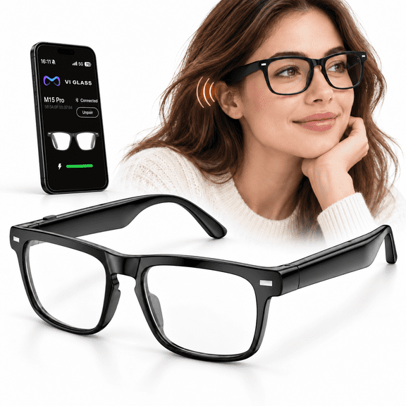 PEJE Smart Glasses with Clear Lenses, Bluetooth Music & Hands-Free Calls, Voice Assistant, iOS & Android