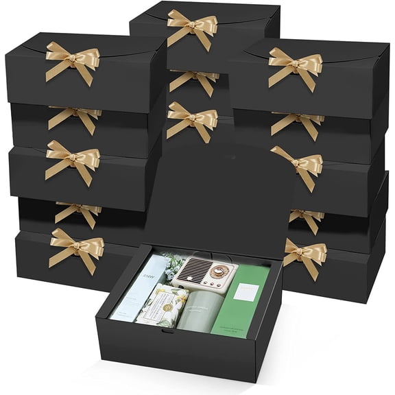 PEKGRIL 15 PCs Gift Boxes with Lids, Black 10X8X4 Inch Boxes, Bridesmaid Proposal Box Ribbon, Kraft Paper for Wedding, Packaging, Present, Birthday, Christmas, Party