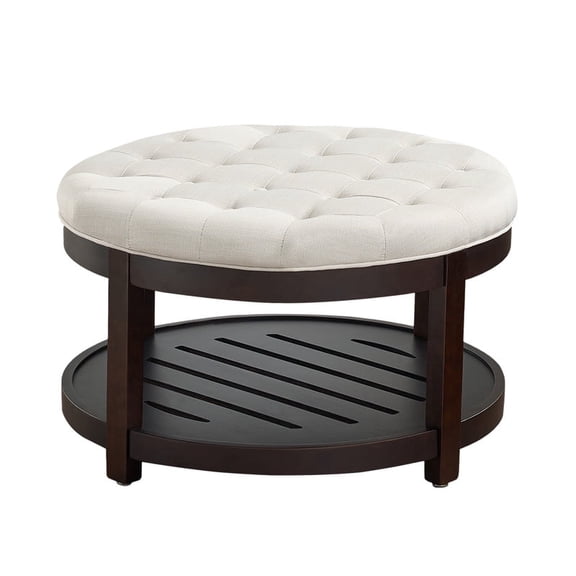 PEKKO HOME 33” Round Coffee Table with Storage, Upholstered Footrest Ottoman with Wood Tray & Tufted Buttons for Living Room,Beige
