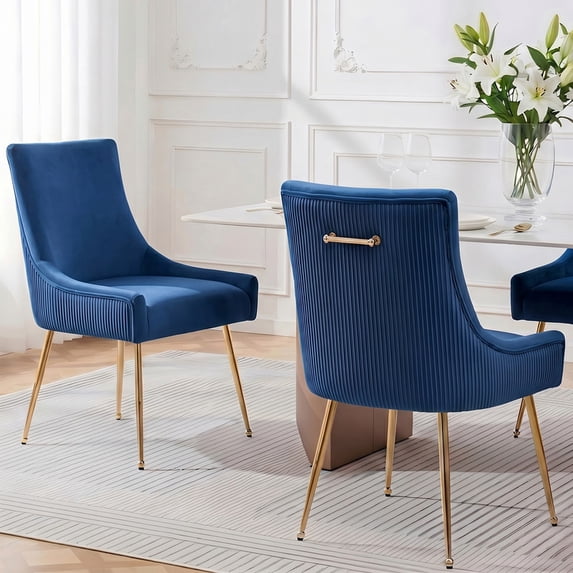 Pekko Home Velvet Dining Chairs Set of 2, Upholstered Dining Room Chair with Pleated Back & Pull Handle, Modern Kitchen Chair with Gold Legs, Dark Blue