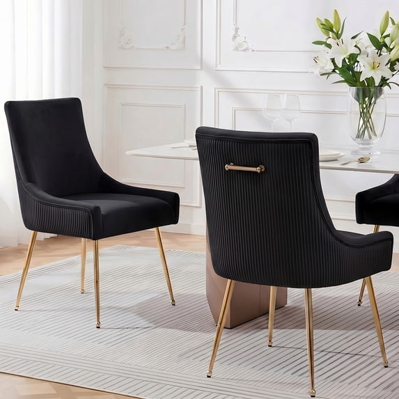 Pekko Home Velvet Dining Chairs Set of 2, Upholstered Dining Room Chair with Pleated Back & Pull Handle, Modern Kitchen Chair with Gold Legs, Black