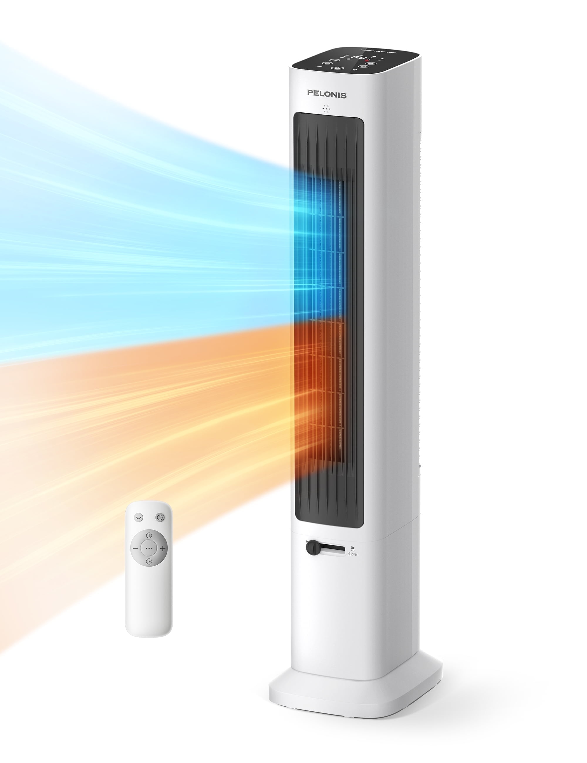 PELONIS Tower Fan Heater Combo with Remote, Oscillating Space Heater and Cooling Fan, 3 Speeds, 2 Heat Settings, ECO Mode, White