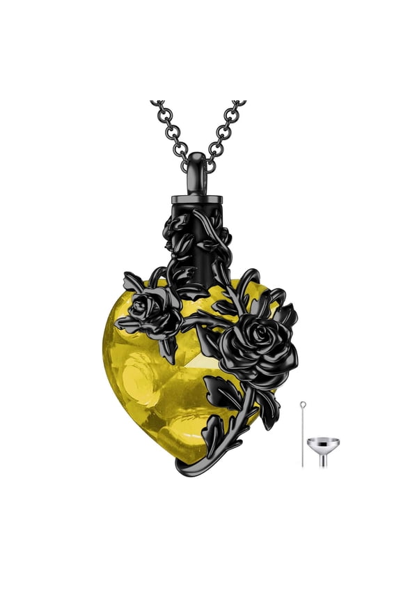 Black Rose Necklace 925 Sterling Silver Yellow Crystal Heart Urn Necklaces for Ashes Memorial Cremation Jewelry for Women Mom Grandma Wife Her C113