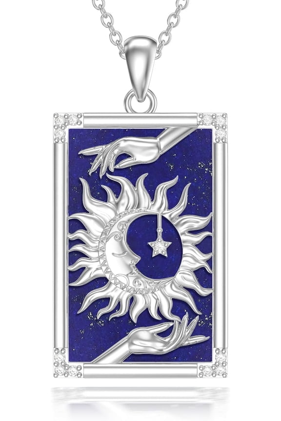 PELOVNY Sun Moon Star Necklace 925 Sterling Silver Tarot Card Lapis Lazuli Pendant Necklace Sun And Moon Jewelry Gifts for Women