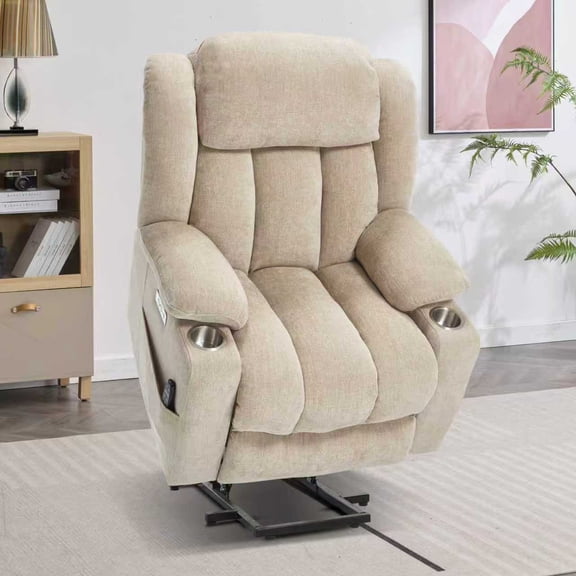 Power Lift Chair with Full-Body Massage and Heat, Electric Recliner Chairs for Adults, Remote Control, Standing Assistance, USB Ports, Stainless Steel Cup Holders, Chenille, Beige.