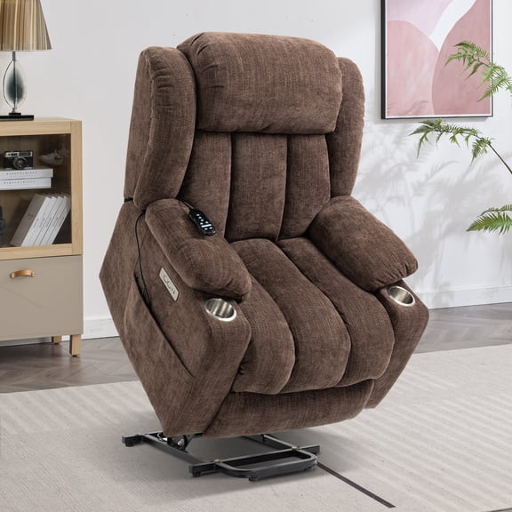 Power Lift Chair with Full-Body Massage and Heat, Electric Recliner Chairs for Adults, Remote Control, Standing Assistance, USB Ports, Stainless Steel Cup Holders, Chenille, Brown