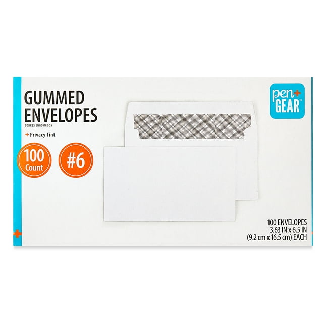 Pen+Gear #6 Privacy Tint Gummed Envelopes, White, 3.63" x 6.5", 100 Count