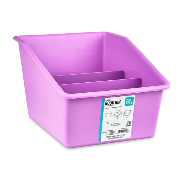 Pen+Gear Large Book Bin with 2 Removable Dividers, 10.24" x 13.8" x 7.8", Violet