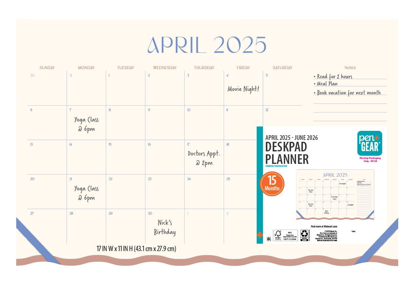 PEN+GEAR Monthly Large (17" x 11") Calendar Cream and Blue 15 Month April 2025-June 2026