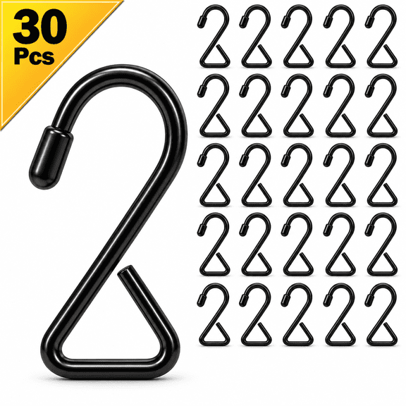 PENDALI 30 Pack 2.4 in Fixed Triangle Loop S Hooks for Hanging, Small Black Metal S-Shaped Hooks for Closet, Dorm, Kitchen Utensils, Keys and Crafts