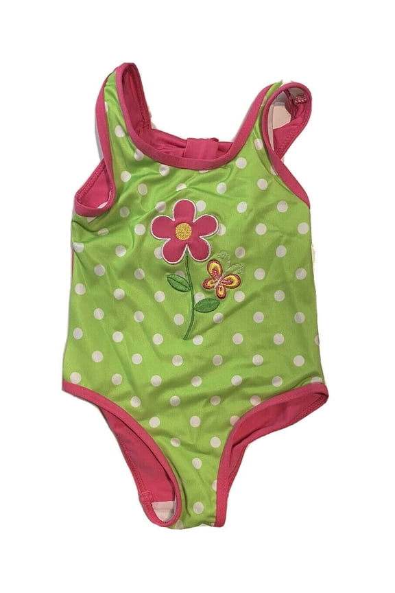 GIRLS SWIMSUIT - FLOWER GREEN DOT SZ 24 MONTHS - ONE PIECE UPF 50+